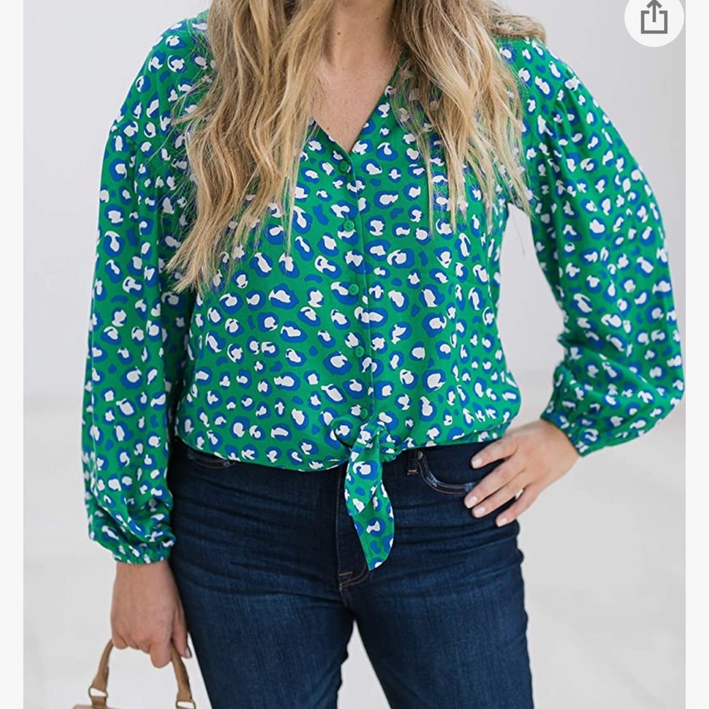 Emerald Animal Print V-Neck Tie-Front Button Down Top